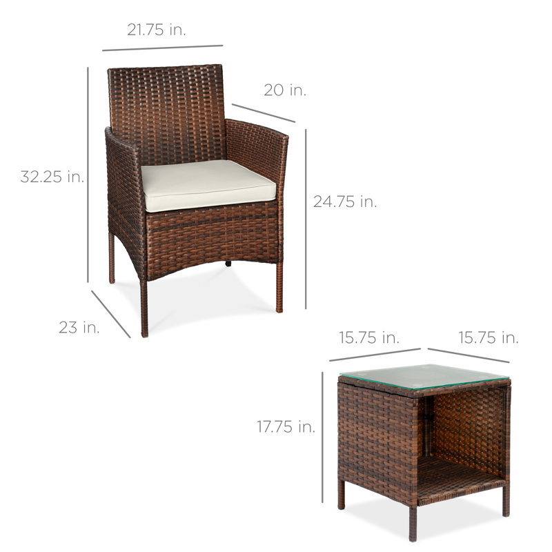  3-Piece Outdoor Wicker Conversation Patio Bistro Set, W/ 2 Chairs, Table, Brown, White Sand