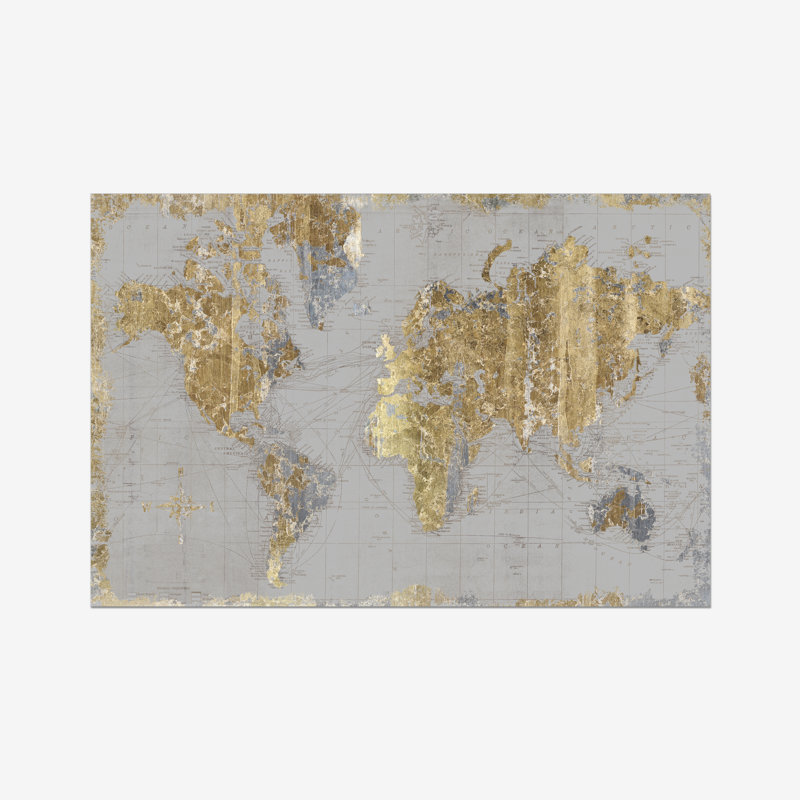 Gilded Map Light Grey by Wild Apple Portfolio - Print, 51cm H x 76cm W, Paper Print