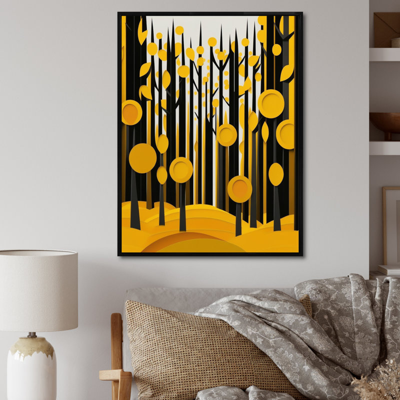 «Abstract Yellow Forest Quill Minimalisme», reproduction sur toile, H 44 po x l 34 po x P 1,5 po, Cadre flottant noir