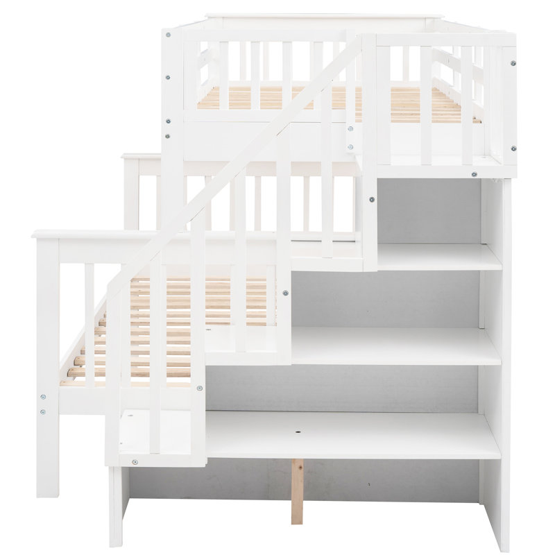 White Stairway Twinfull Bunk Bed With Guard Rail, Storage Space, And Reliable Build For Bedroom Compartments, Solid Pine Bedroom,