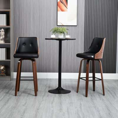 Black Bar Stools, Height, Of 2. Pu Leather With Footrest & Back. 360 Rotation, Solid Wood Legs For Support Height , 2 In Black. Back And Footrest. Swivel, A Sleek Foundation