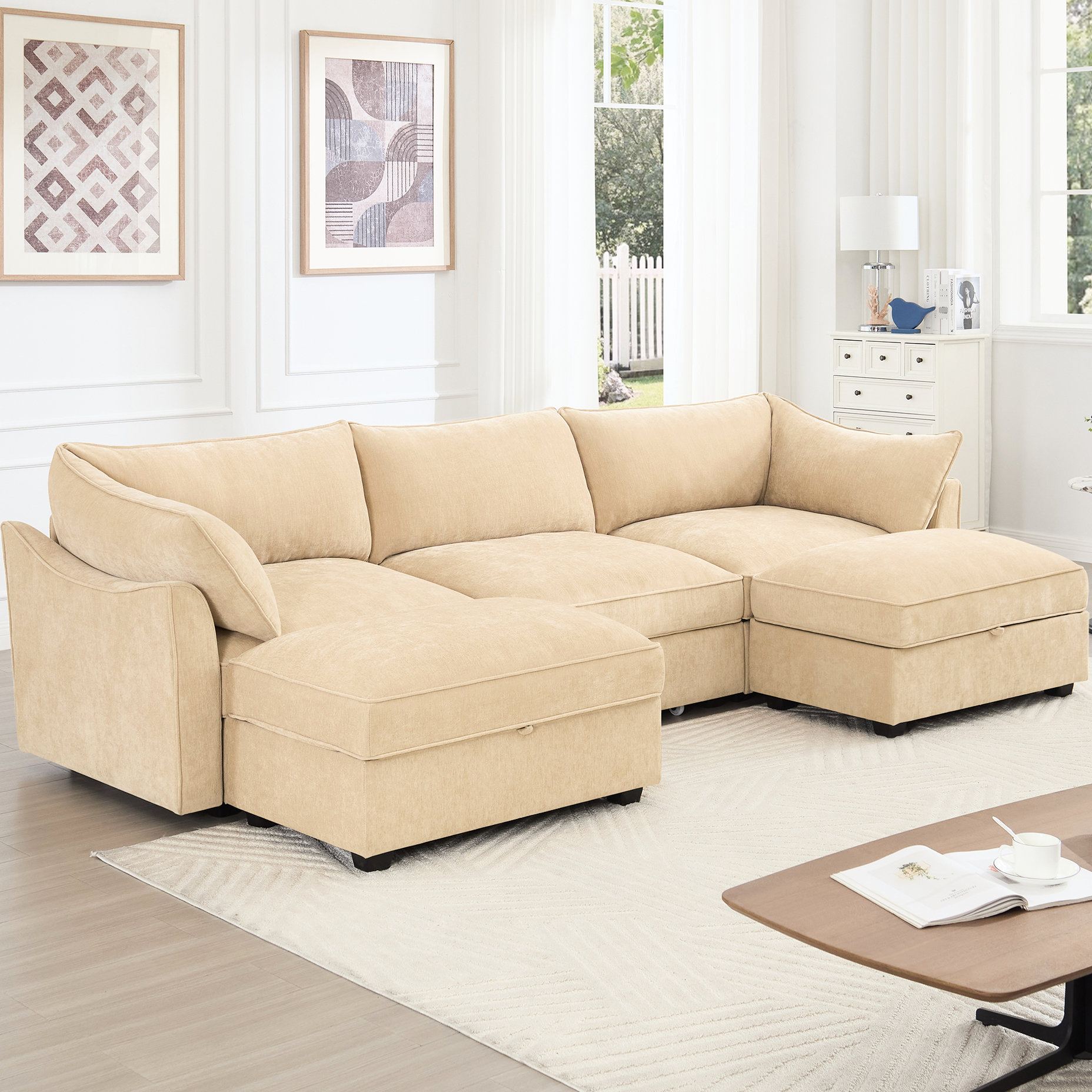 Latitude Run® U Shape 3 Seat Chenille With 2 Movable Ottomans, Pull Out ...