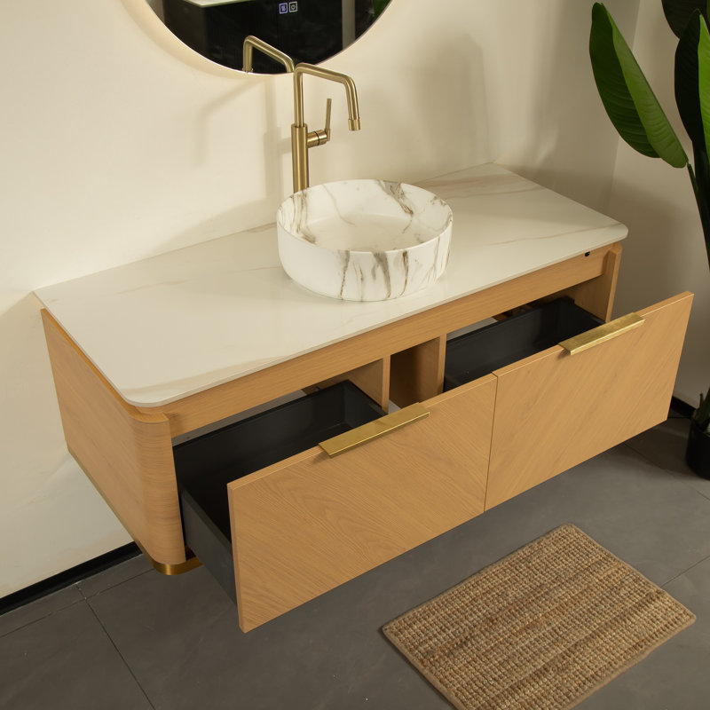 Meuble-lavabo flottant 48 po avec lavabo vasque en marbre rond et plateau en pierre frittée 48 po, armoire en contreplaqué en noyer foncé ou chêne clair, garniture dorée, capteur à DEL, pré-assemblé, tiroir double