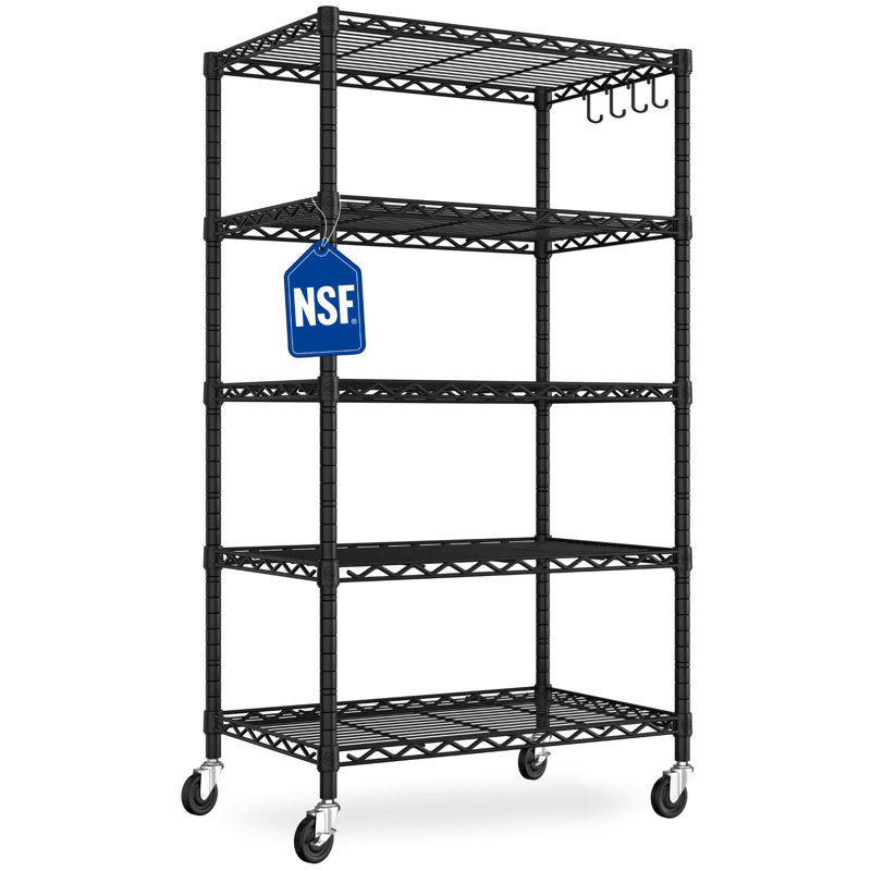  Étagère grillagée robuste à 5 niveaux certifiée NSF - l 24 po x P 18 po x H 72 po réglable à 3 segments avec roues et crochets verrouillables, support de rangement en métal noir pour la cuisine, le garage et le garde-manger