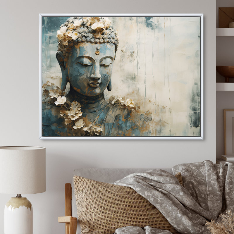 Statue de bouddhisme religieux - art mural bouddhisme, H 16 po x l 32 po x P 1 po, Cadre flottant blanc