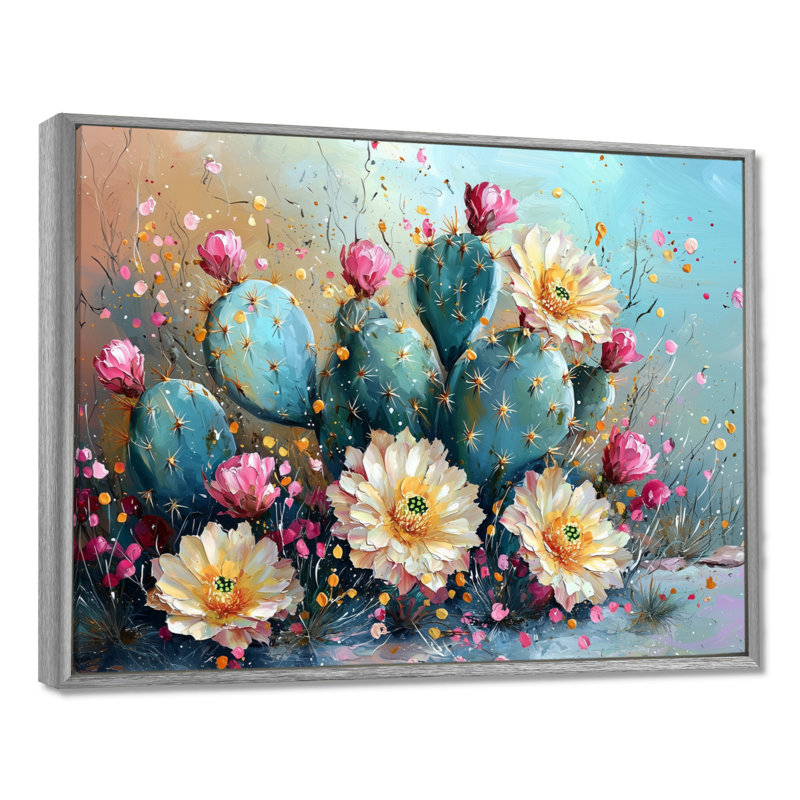 Cactus jaune et vert - Cactus, art mural, H 34 po x l 44 po, Cadre flottant, Argent argent