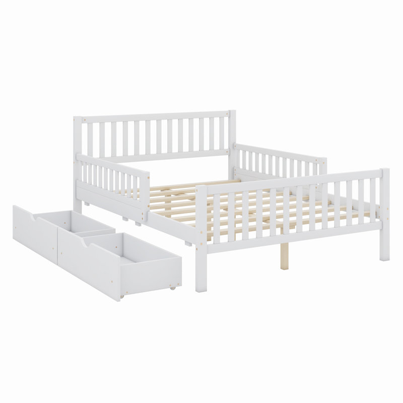Wood Platform Bed With Guardrails On Both Sides And Drawers, White, Full