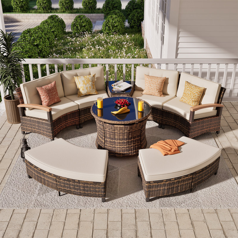 8 Piece Outdoor Patio Furniture Set, Half-moon Curved Sectional Sofa Rattan Conversation Set With Wood Armrests, 2 Half-moon Ottoman,round Table & Side Table