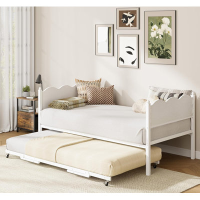 Lit de jour simple avec lit gigogne, lit de jour avec tête de lit en grain de bois industriel, support de lattes en acier et roulettes verrouillables, peu encombrant et multifonctionnel, assemblage facile pour le salon, la chambre à coucher, blanc