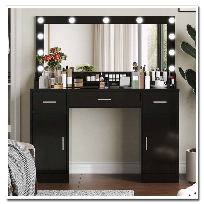 Bureau de coiffeuse 47,2 po avec grand miroir, 3 modes d'éclairage couleur, 3 tiroirs et 2 armoires verticales
