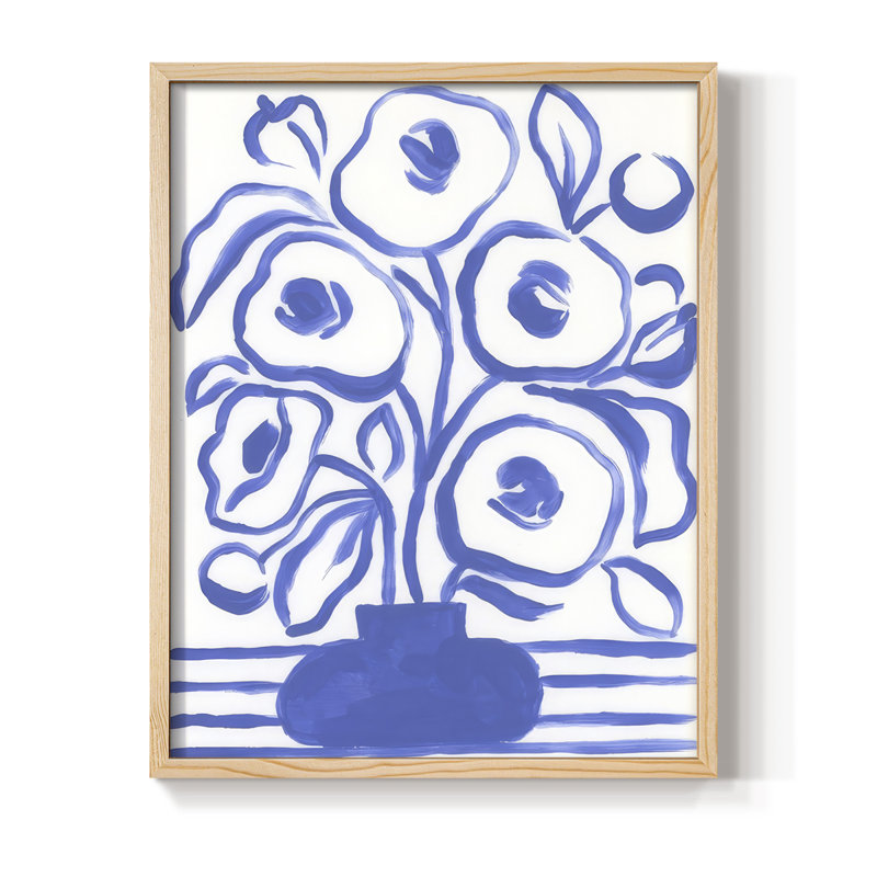«Blue Brush Flowers I», reproduction encadrée - bois massif, H 11 po x l 9 po, Naturel