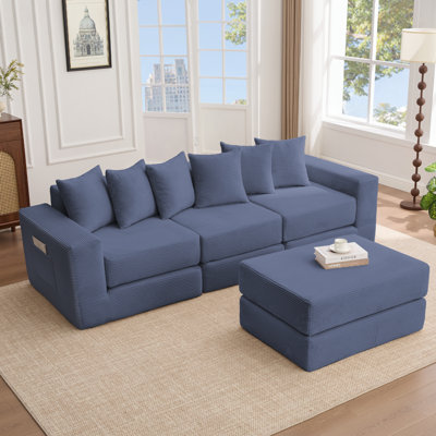 10-In-1 Convertible Sofa Sectional ,Corner Couch , Convertible Floor Sleeper Sofa,Corduroy,Side Pocket,No Assembly,DIY,L Shaped Modular Sofa,6 Pillows,Blue