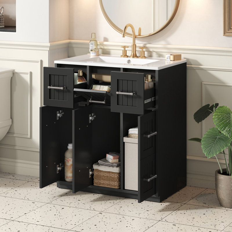Meuble-lavabo avec lavabo, 2 tiroirs et 3 portes, Noir
