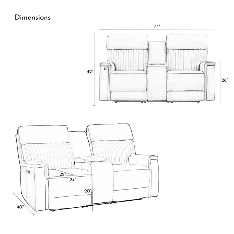 74‘’ One Harr Reclining Sofa Genuine Leather Power Triple-Motor Reclining Loveseat with USB & Type-C Ports and Drop Down Table Tray