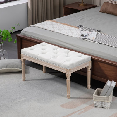 Banc de bout 32 po, blanc crème avec coussin et banc au design élégant, structure solide en tissu