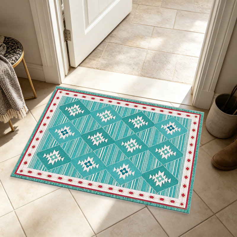 Turquoise Southwestern Diamond carpet-easy to clean, machine-washable, soft and comfortable; suitable for door mats, kitchens, living rooms, bedrooms, corridors, and laundry areas. Easy to clean, durable carpet for home decoration.