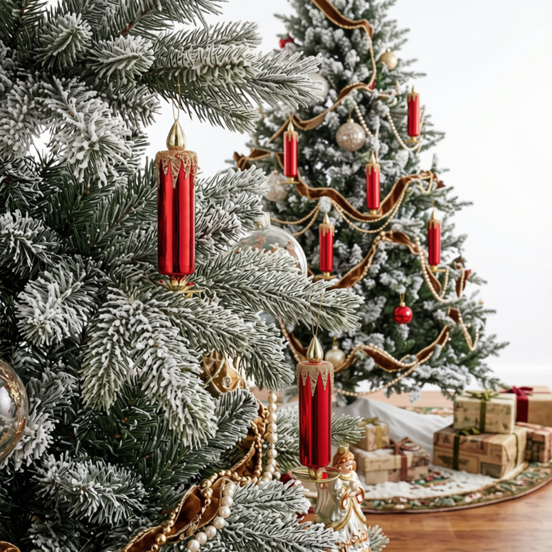 Lot de 12 décorations de Noël en verre à clipser en forme de bougie rouge avec accents de paillettes dorées