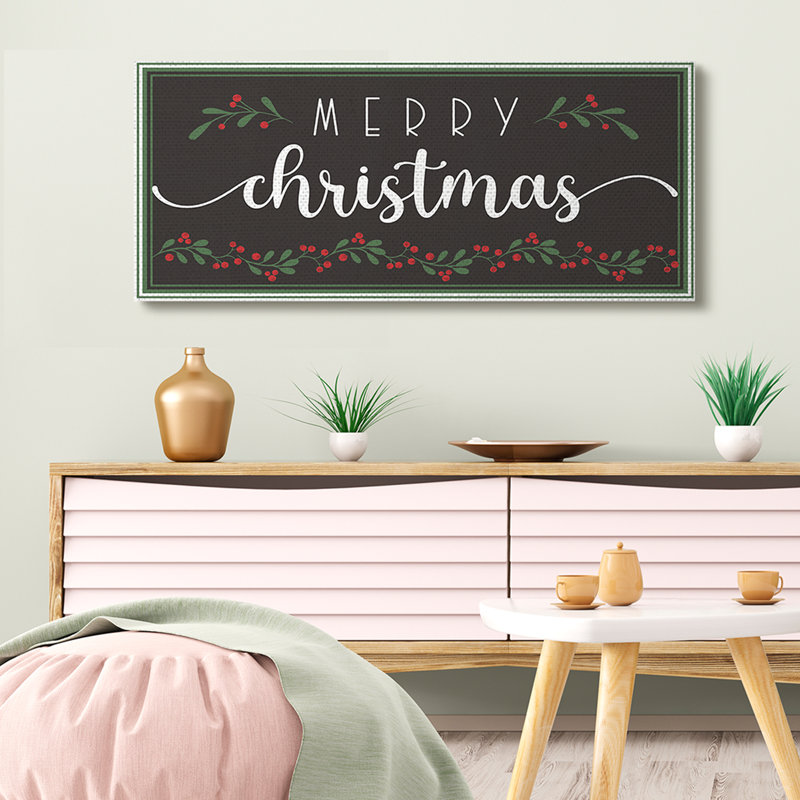«Merry Christmas» sur un houx festif noir, H 20 po x l 48 po, Toile tendue