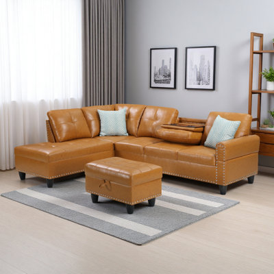 Canapé modulaire en L en similicuir avec rangement et porte-gobelets