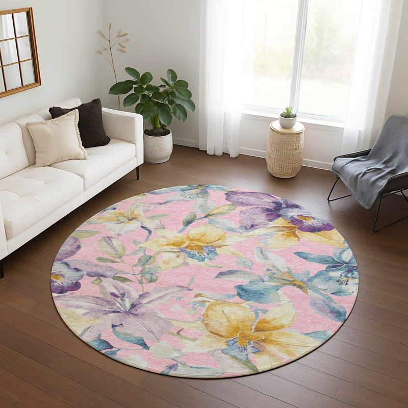 Machine Washable Indoor/Outdoor Millner ACN2262 Floral Rug, Round 8'