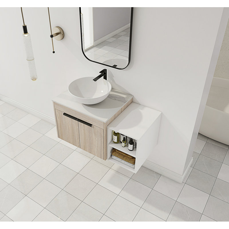 Meuble-lavabo flottant de conception moderne avec lavabo d'art en céramique et petites tablettes de rangement