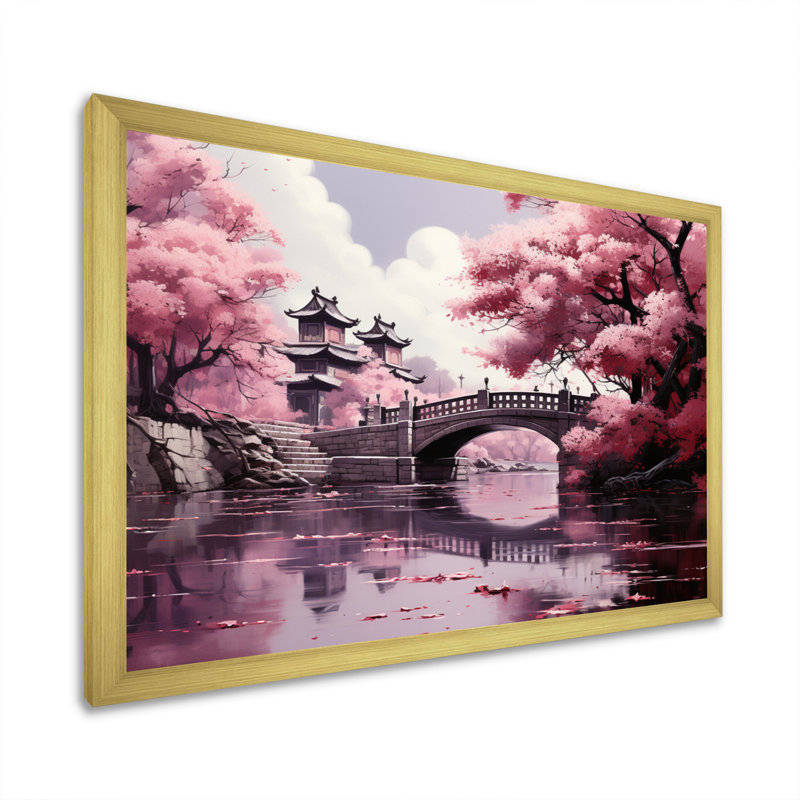Art japonais, fleur de cerisier rose, pont, Japon, Cadre doré simple, H 12 po x l 20 po x P 1 po