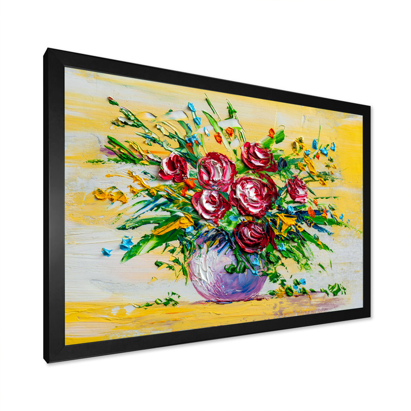 Peinture Bouquet de roses impressionnistes IV - Décoration murale traditionnelle sur toile, Cadre noir