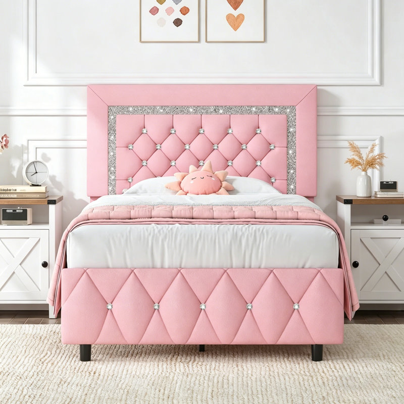 Ensemble de lit plateforme en similicuir Alber, Lit simple, Rose/Blanc