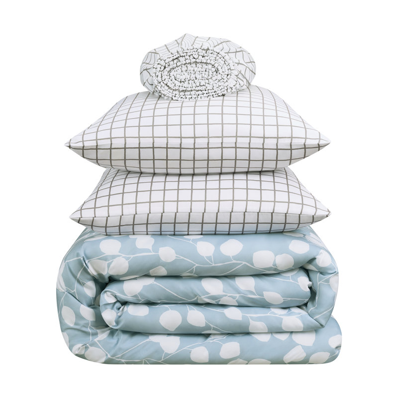 Serta Simply Clean Ellen Botanical Leaf Antimicrobial Complete Bedding Set With Sheets, Light Blue/White