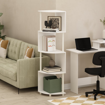 Étagère d'angle Lancaer, bibliothèque d'angle à 4 niveaux, étagères de rangement en zigzag, présentoir, bibliothèque, pour l'organisation et le rangement, salon, bureau, blanc
