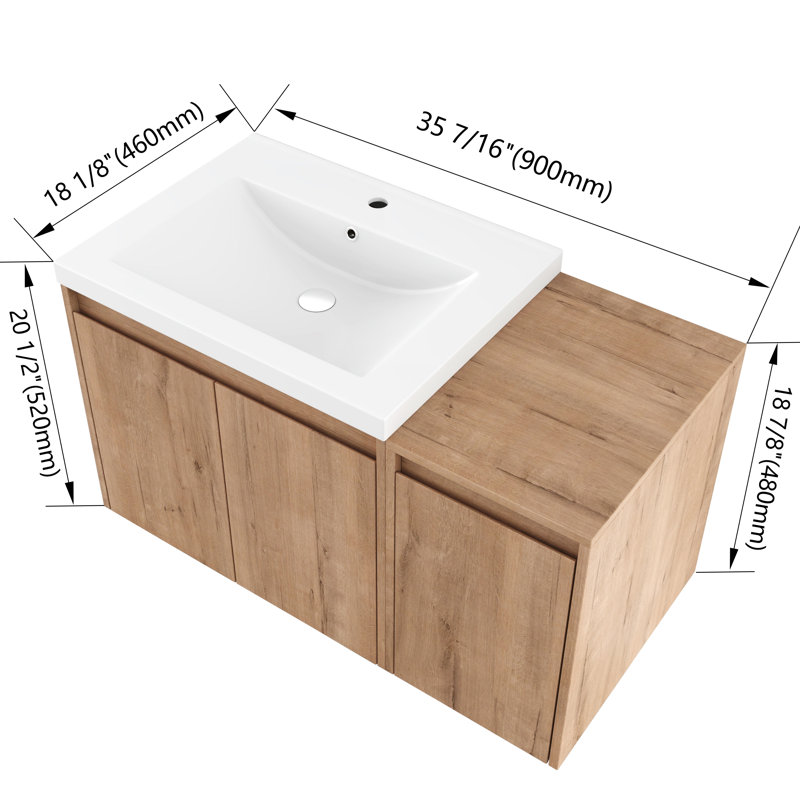 36" Wall Mounted Bathroom Vanity With Resin Sink, Floating Bathroom Vanity With 3 Doors And 1 Adjustable Shelf