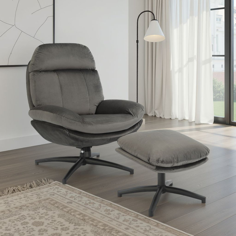 Velvet Swivel Accent Chair with Footstool, Dark Grey