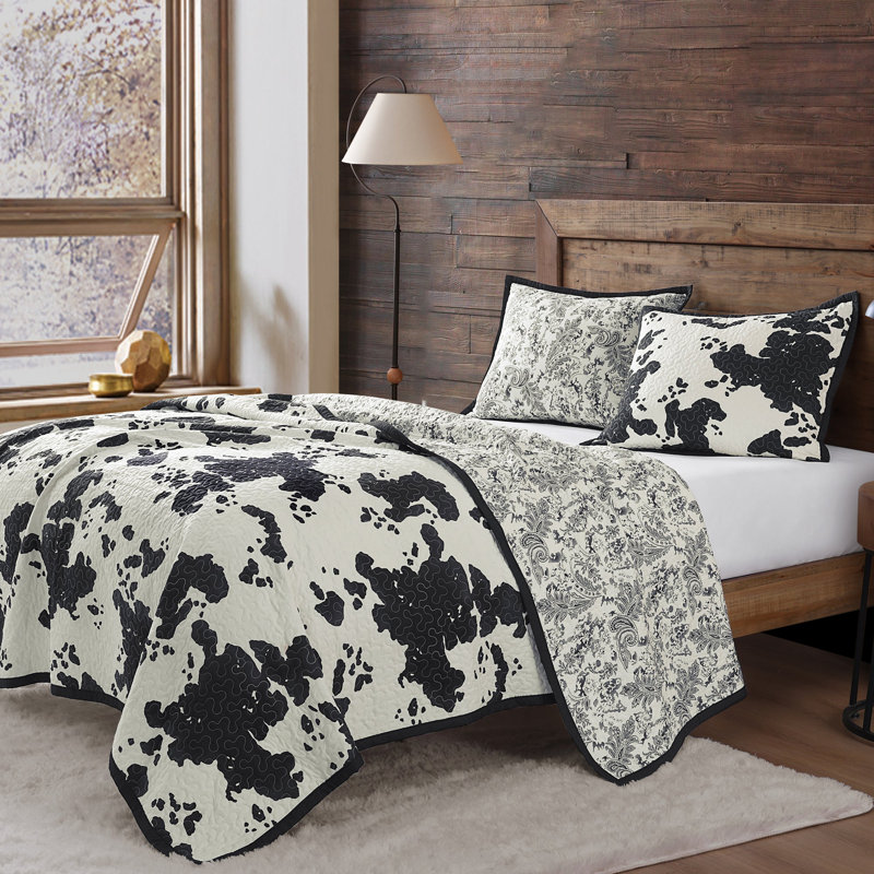 Clara Cream Black Cow Print Cowhide Pattern Reversible Western Southwestern Quilt Set, Queen Quilt + 2 Standard Shams
