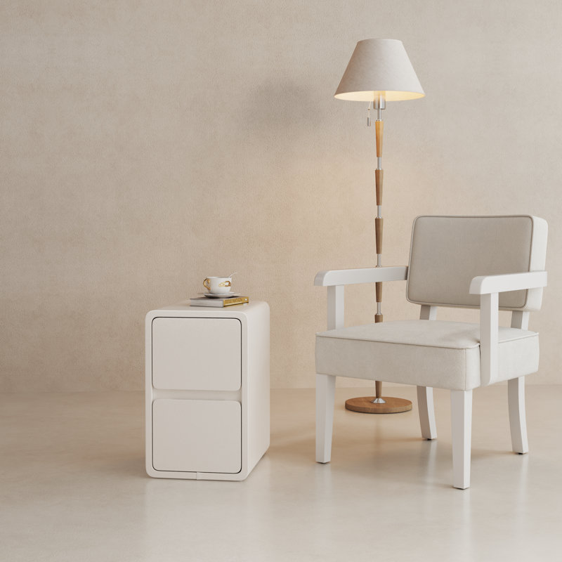 Solid Wood Core Frame Leather Upholstered Nightstand, 18.3" H x 11.9" W, White, 2 Drawers