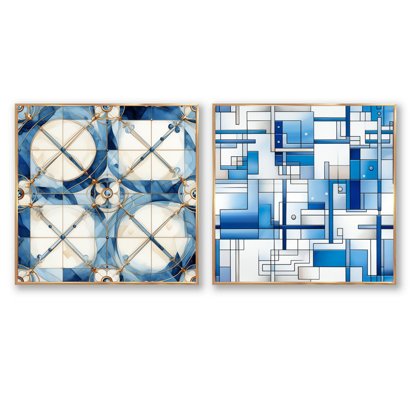 Cuzzocrea - Ensemble de 2 collages carrés à formes abstraites, H 16 po x l 33 po, Cadre flottant doré