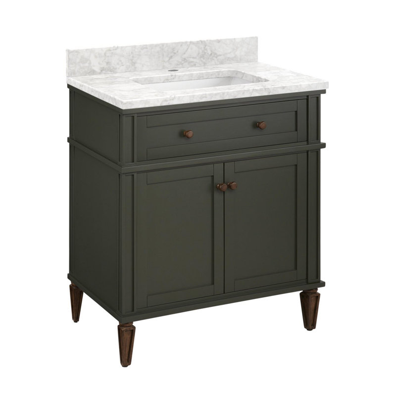 30" Elmdale Vanity for Rectangular Undermount Sink, Dark Olive Green, Carrara Marble, Single