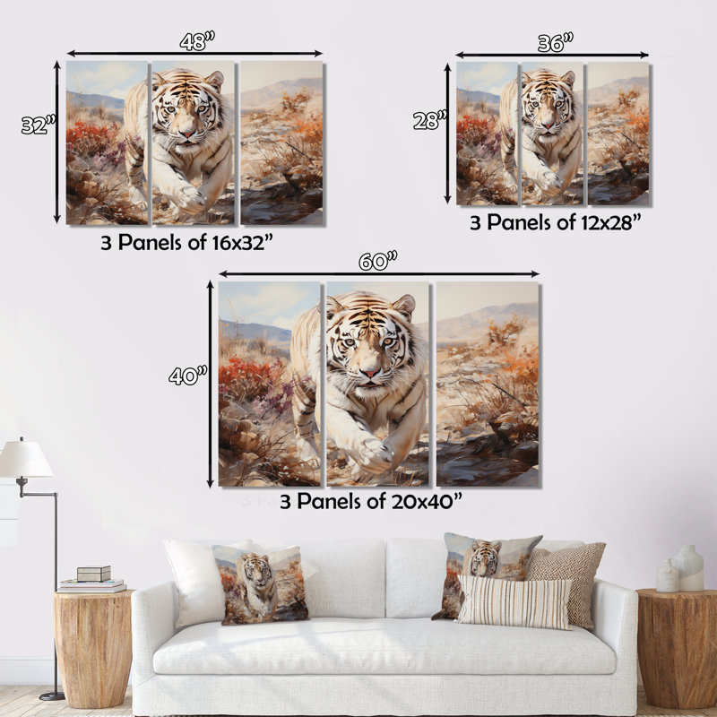 «White Tiger On Rolling Grassland II», reproduction sur toile 3 pièces, H 40 po x l 60 po x P 1 po