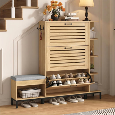 Armoire à chaussures étroite avec banc et 3 portes à persiennes pour l'entrée