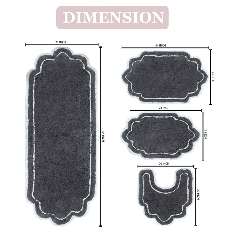 Dobrinsky 100% Cotton Bath Rug and Contour Mat, Machine Washable, Quick Dry, Absorbent - 4 Piece Set, Dark Gray