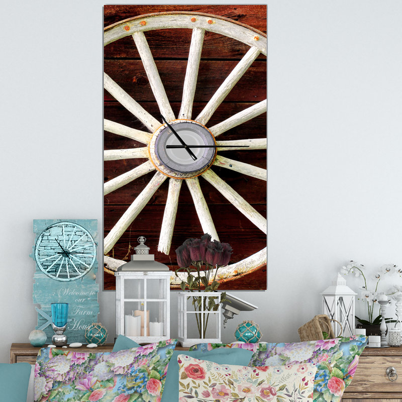 Horloge murale de roue de chariot de campagne sur bois, H 48 po x l 24 po x P 1 po
