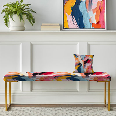 Colorful Paint Swirl Bliss - Abstract Upholstered Gold Bench