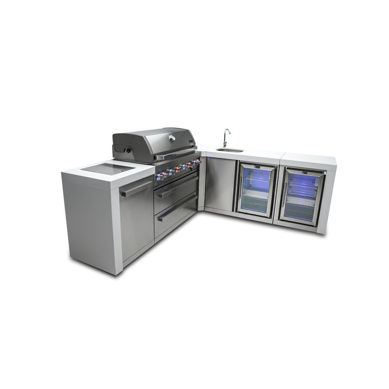Mont Alpi 90 Degree Deluxe Stainless Steel Outdoor Island BBQ Grill + Beverage Center + Refrigerator
