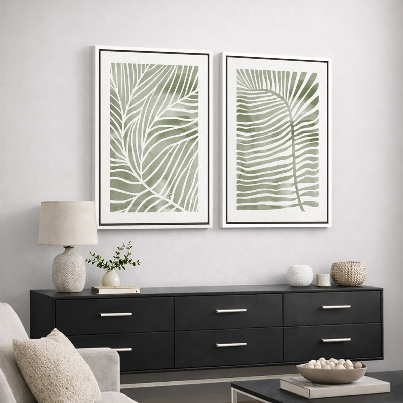 Abstrait botanique «feuilles de palmier tropical vert sauge délavé, images murales minimalistes modernes et simples, impression sur toile encadrée 2 pièces, ensemble de 16 x 24 x 2, 24 x 36 x 2