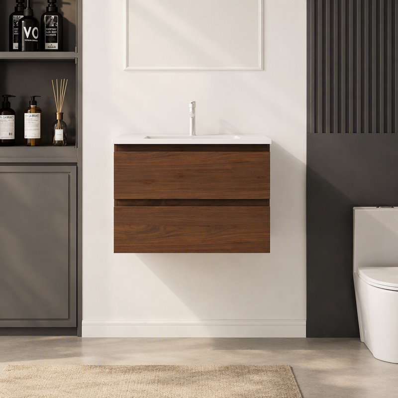 Meuble-lavabo flottant 24 po avec lavabo, tiroir en céramique, contreplaqué, brun, Brown, 24.04"