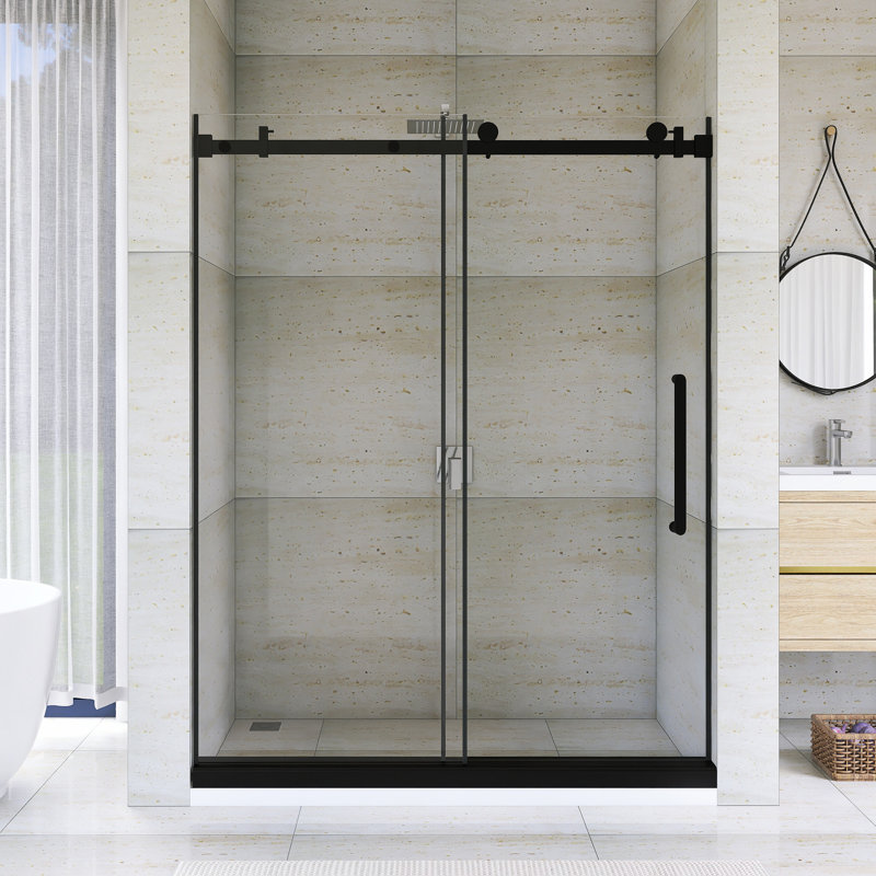 56-60 "W X 76" H Single Sliding Frameless  Shower Door In Matte Black Finish, Matte Black