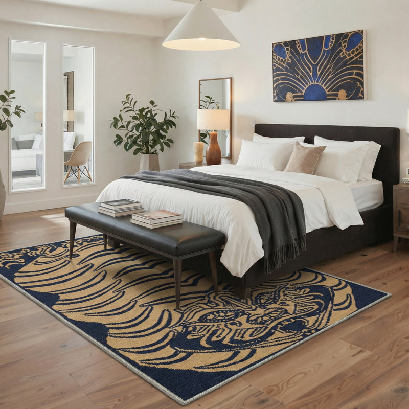 Tapis d'intérieur tigré bleu marine lavable à la machine avec envers antidérapant, Rectangle 6 pi x 9 pi