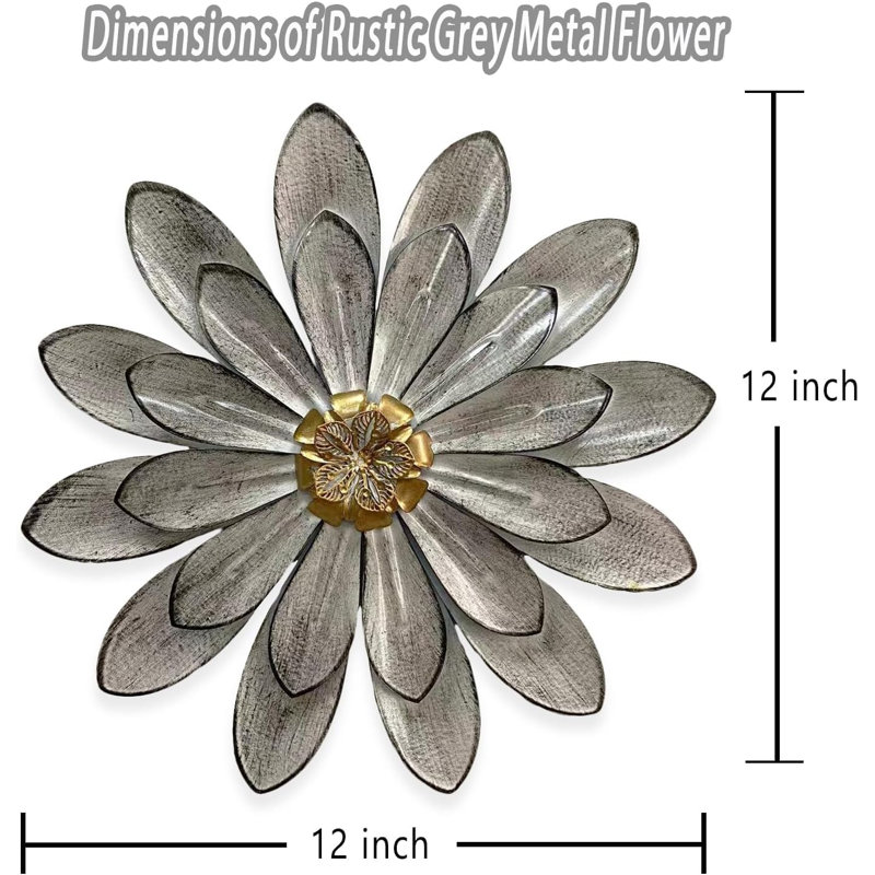 Décoration murale fleur en métal rustique 12 po - Sculpture 3D à pétales superposés