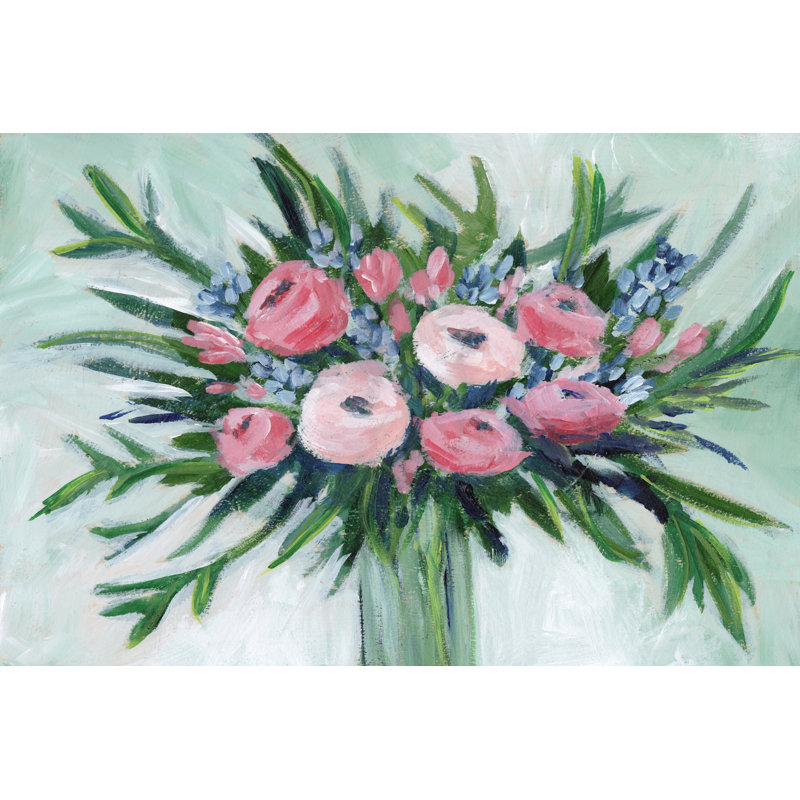 Pink Rosette Bouquet II - Painting on Canvas, 81 cm H x 122 cm W, Black Floater Framed