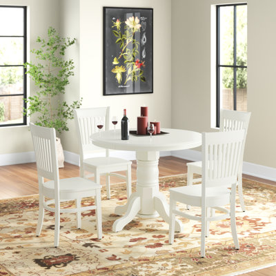 5 Piece Kitchen Table & Chairs Set Includes a Round Dining Room Table with Pedestal and 4 Solid Wood Seat Chairs, Linen White