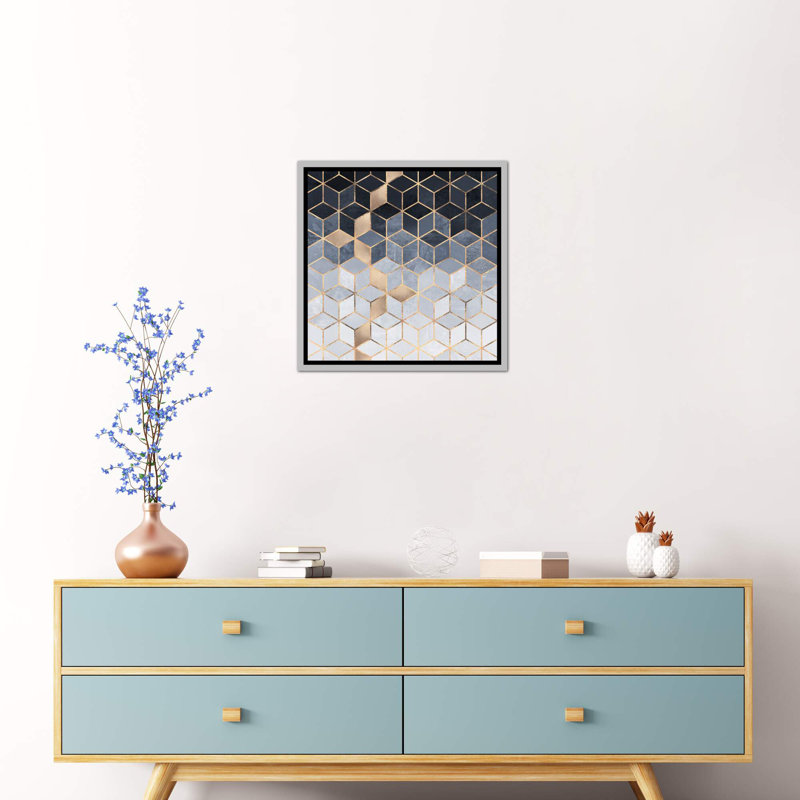 «Soft Blue Cubes» par Elisabeth Fredriksson - impression d'art graphique, Toile avec cadre argenté